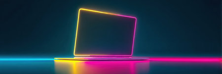 A neon illuminated laptop is showcased with colorful lights in a dark environment, reflecting on a smooth surface, creating a modern ambiance.の素材
