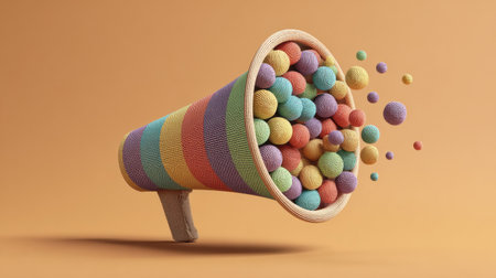A colorful megaphone made of clay emits spheres brights representing brand messages in a creative and artistic arrangement.の素材