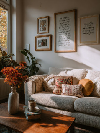 Comfortably furnished living room filled with warm afternoon light, featuring framed gratitude quotes on the wall and a soft couch adorned with pillows.の素材