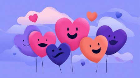 A lively gathering showcases a web of community support with smiling faces and hearts, symbolizing unity and positive connections among individuals.の素材