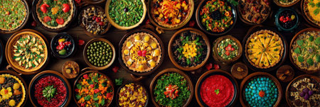 A vibrant collection of pies and meals is beautifully displayed in a circular layout, celebrating family and togetherness during a special gathering.の素材