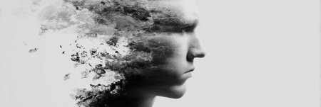 A profile view of a person shows the concept of cognitive distortions through an artistic illustration that blends thoughts and emotions in a surreal manner.の素材