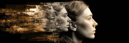 A young adult is depicted in profile, showcasing a visual representation of cognitive distortions transforming into clearer thoughts.の素材