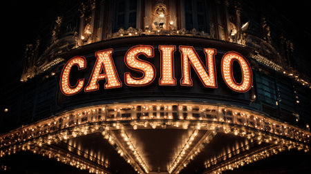Bright lights and drama define the casino entrance in Las Vegas, inviting guests to experience the excitement of nightlife in the vibrant city.の素材