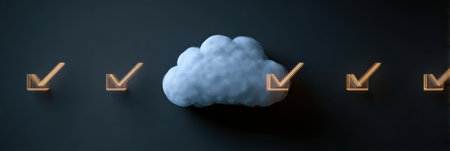 Highlighting a checklist for ensuring safety in cloud storage, featuring a cloud icon and indicators for secure data handling and management techniques.の素材