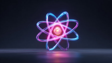 Stylized representation of an atom with vibrant colors and light effects, highlighting the core and electrons in a modern scientific and educational context.の素材