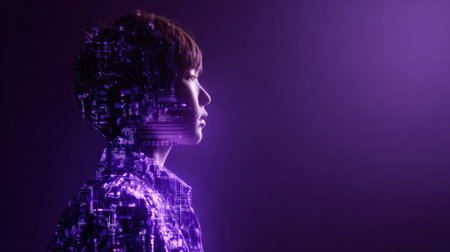 Person stands in profile with a digital circuit design overlay, surrounded by a deep purple backdrop, symbolizing the fusion of humanity and technology.の素材
