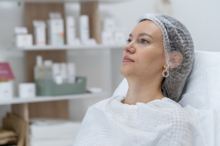 Patient prepares for botulinum therapy in a serene clinic environment, showing an array of skincare products in the background during the treatment.の写真素材