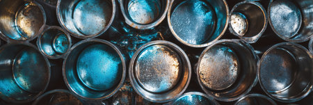 Metallic containers are stacked and positioned to create an interesting visual pattern, showcasing reflections and textures in an industrial environment.の素材