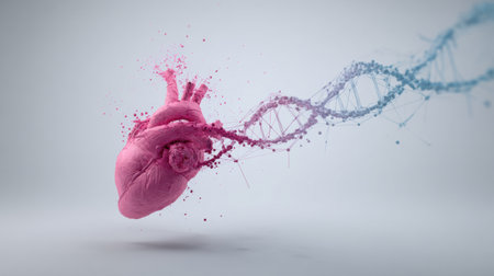 A vivid digital art piece of a heart merging with a DNA strand, highlighting the connection between biology and genetics.の素材