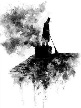 A chimney sweep in a top hat stands on a rooftop, using a broom to clear the chimney, surrounded by swirling smoke against an evening backdrop.の素材