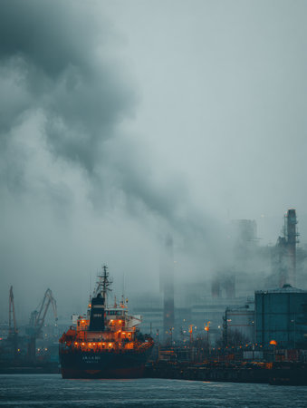 Ships navigate a misty harbor at dawn, surrounded by towering factories emitting smoke, reflecting the industrial activity of the area.の素材