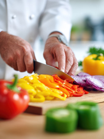 Skilled hands slice vibrant bell peppers, onions, and cucumbers on a wooden cutting board while preparing a healthy meal in a bright kitchen.の素材