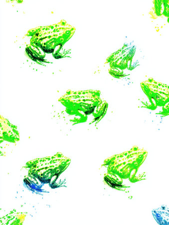 Vibrant frogs in shades of green and blue are arranged on a white background, showing artistic textures and playful design elements in a unique pattern.の素材