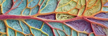 Detailed examination of a plant leaf reveals a vibrant network of veins and tissues, showing diverse colors and fine structures in biological design.の素材