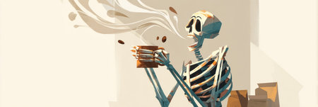 A skeleton holds a mug with hot, steaming coffee. Coffee beans float by. Fresh roasted coffee beans can be seen in packages in the kitchen.の素材