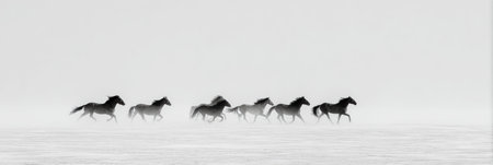 A group of wild horses moves swiftly across a snowy terrain, shrouded in mist during a winter storm at dusk, highlighting their elegance and power.の素材