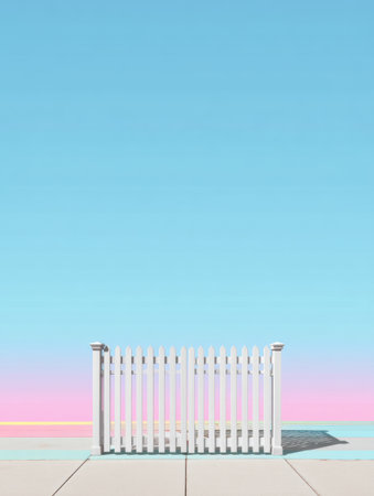 A white picket fence stands prominently on a flat surface with a vibrant blue sky overhead and a soft pink horizon, creating a serene atmosphere at sunset.の素材