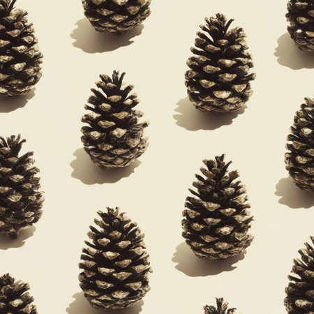 A collection of pine cones is displayed in a symmetrical pattern against a soft, light background, highlighting their unique shape and texture.の素材