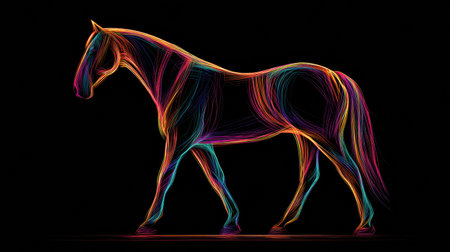A horse is depicted in vibrant, multicolored lines while walking against a dark background, creating an abstract and artistic representation of the animal.の素材