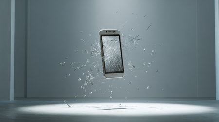 A smartphone hovers mid-air amidst a flurry of shattered glass, captured in a sleek, minimalistic environment with soft lighting.の素材