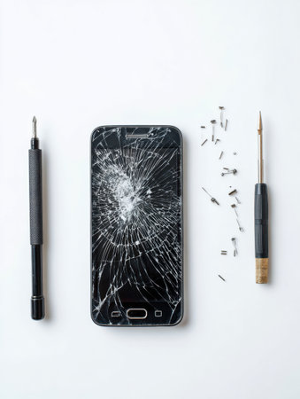 A cracked smartphone lies on a white surface surrounded by screw smalls and repair tools, highlighting the process of fixing electronic devices.の素材