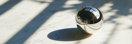 A metallic sphere sits on polished marble, casting a distinct shadow while reflecting soft light and surrounding elements in a tranquil indoor spaceの素材