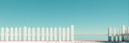 A white picket fence stands beside a calm lake reflecting the blue sky, with distant mountains visible on the horizon, creating a serene landscape.の素材