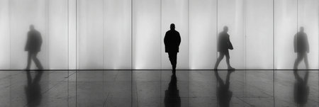 People walk in a minimalist urban space featuring smooth surfaces and translucent walls, creating striking shadows during daylight hours.の素材