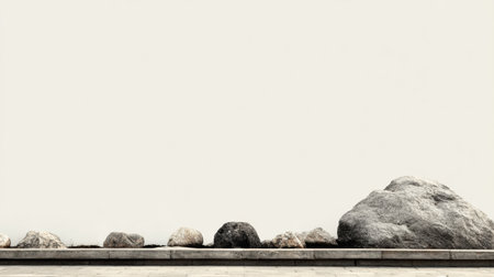 Natural rocks are thoughtfully placed on a stone pathway near a simple, clean wall creating a serene outdoor ambiance in bright daylight.の素材