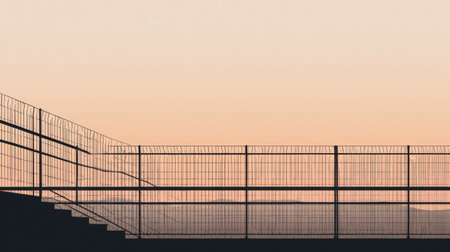 A staircase with a protective fence leads into the fading light of dusk, showcasing a tranquil view beyond the boundary at twilight.の素材
