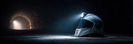 A helmet with a flashlight sits on the ground inside a dimly lit tunnel, highlighting the gloomy atmosphere and the glowing entrance in the distance.の素材