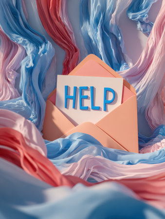 An envelope with the word help is centered among vibrant fabric in shades of pink and blue, creating an artistic and urgent effect.の素材