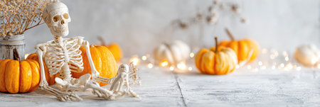 A skeleton is comfortably seated near a variety of pumpkins, surrounded by autumn decorations and warm lights in a festive atmosphere.の素材