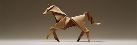 A detailed origami horse stands elegantly with flowing lines, embodying creativity and precision in craftsmanship showcased in an artistic setting.の素材