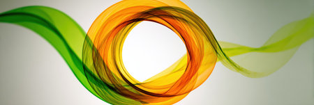 Vivid waves of green, orange, and yellow flow gracefully, forming a circular pattern that captures a sense of movement and energy in contemporary design.の素材