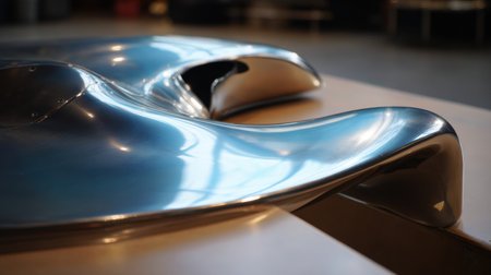 Curvy, silver metal sculpture, resembling an abstract vehicular design, rests on a neutral surface inside a museum environment during the daytime.の素材