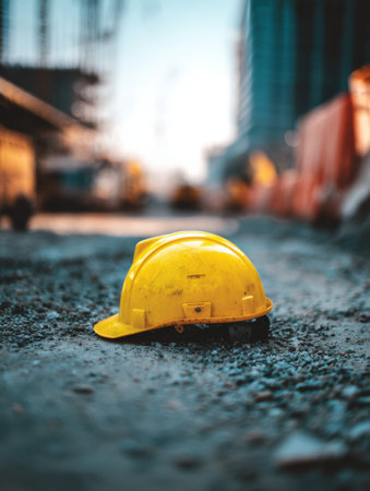 A bright yellow construction helmet rests on gravel at a busy construction site surrounded by machinery, with building structures visible in the background.の素材