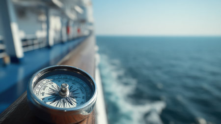 A compass rests on the railing of a cruise ship as the clear blue sea stretches out under a bright sky, indicating direction during the journey.の素材