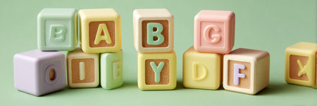 A group of pastel colored alphabet blocks are stacked spelling out the word BABY. Additional letters G, D, F, and X are visible beside the stacked letters.の素材