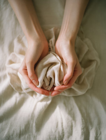 Two hands cradle a wrinkled fabric, resting on a pale bedspread, illuminated by soft natural light creating a calming atmosphere.の素材