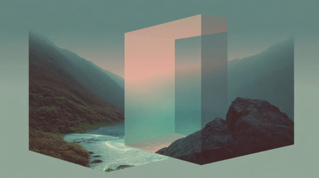 Soft light illuminates a tranquil beach surrounded by mountains, enhanced by abstract geometric elements that create a blend of nature and modern design.の素材