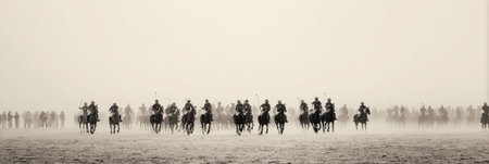 Players compete in a Polo match. They are mounted on horses racing across a dusty field, swinging mallets.の素材