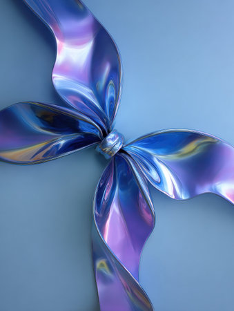 A vibrant metallic ribbon is elegantly fashioned into a large bow, showingcasing shades of blue and purple against a smooth blue surface, perfect for decorations.の素材