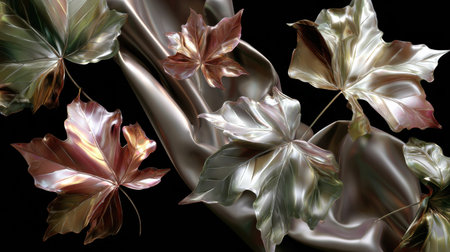Shiny metallic maple leaves, with silver, copper, and bronze hues, are arranged over a draped cloth. The background is a solid black.の素材