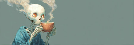 A skeleton, wearing a blue robe, is holding a brown mug, drinking coffee as smoke billows from the mug and from the top of the skeletons skull.の素材