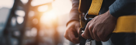 A worker secures a safety harness while preparing for outdoor construction activities during sunset, highlighting the importance of safety measures.の素材