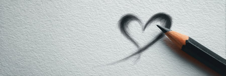 A pencil sketches a delicate heart shape on textured white paper, showing artistry and creativity in a simple yet expressive moment.の素材
