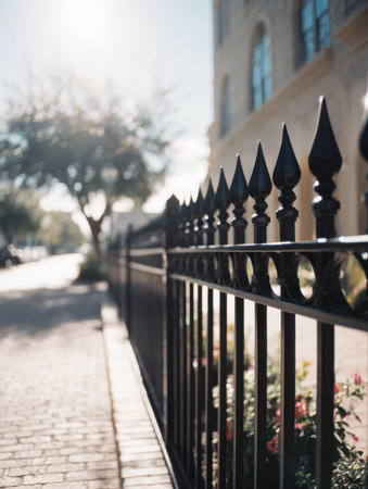 A black iron fence curves along a sunny street with colorful flowers and trees, creating a tranquil atmosphere in a beautiful neighborhood setting.の素材