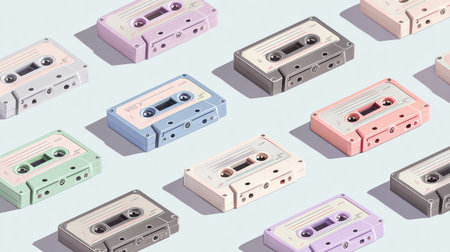 Several colorful analog audio cassettes are displayed on a clean, bright, pale blue background.の素材